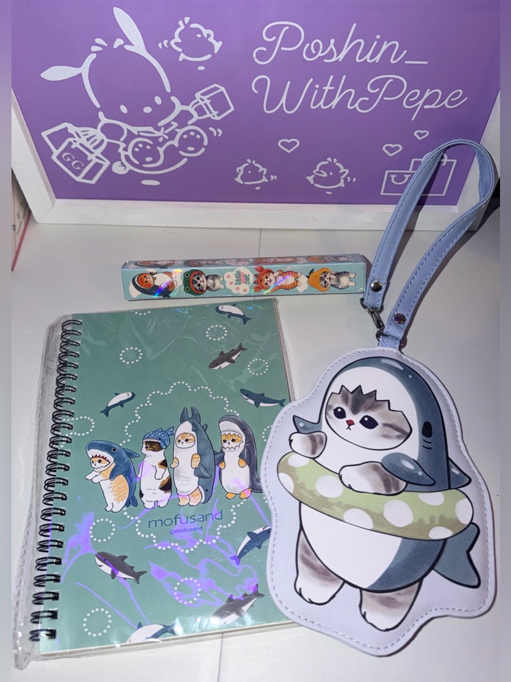 🦈NIP Mofusand Shark Cat Luggage Tag, Notebook Set & mystery pen bundle